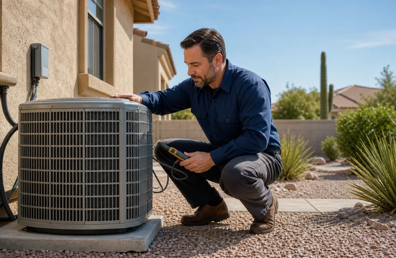 HVAC technician inspecting an outdoor air conditioner at a Goodyear home